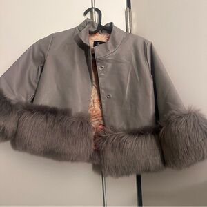 Girls Gray Faux Leather Jacket with Faux Fur Trim – Size 3–4 Years